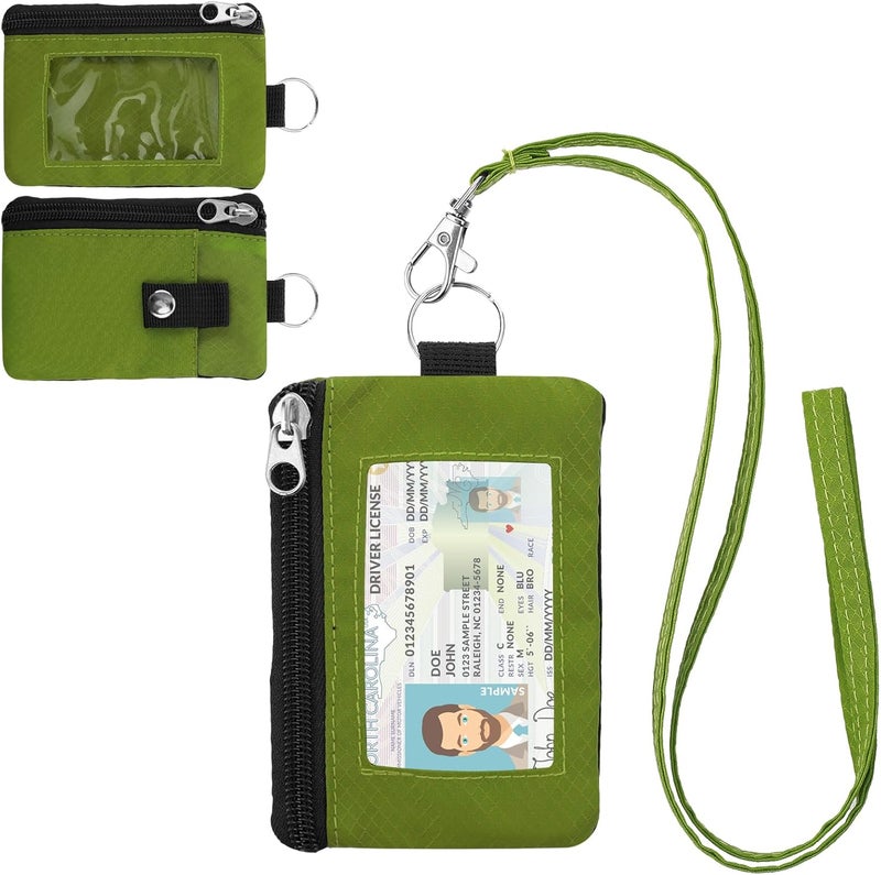 ZHOMA Minimalist RFID Wallet with Lanyard, Multi-functional ID Case with 2 Zipper Pockets and Key Chain for Men and Women, Tactical Badge Pouch Cards Holder, Coin Purse for Travel Sports - Grass Green - Image 1